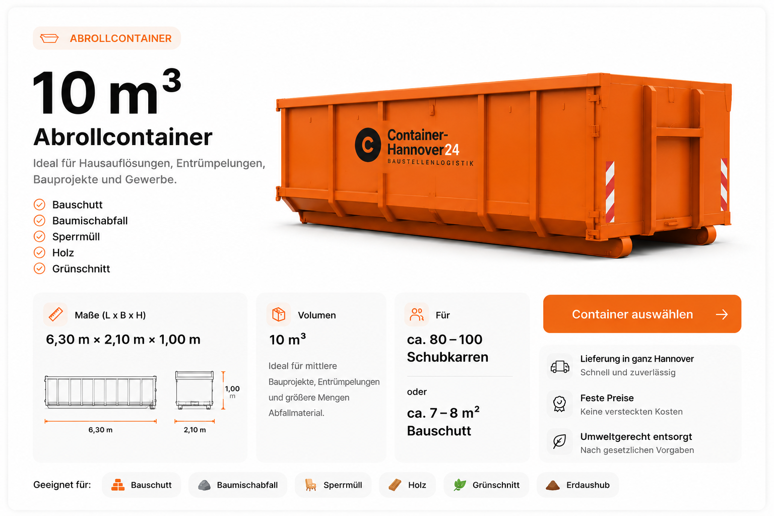 10 m³ Abrollcontainer für Mischabfall in Hannover
