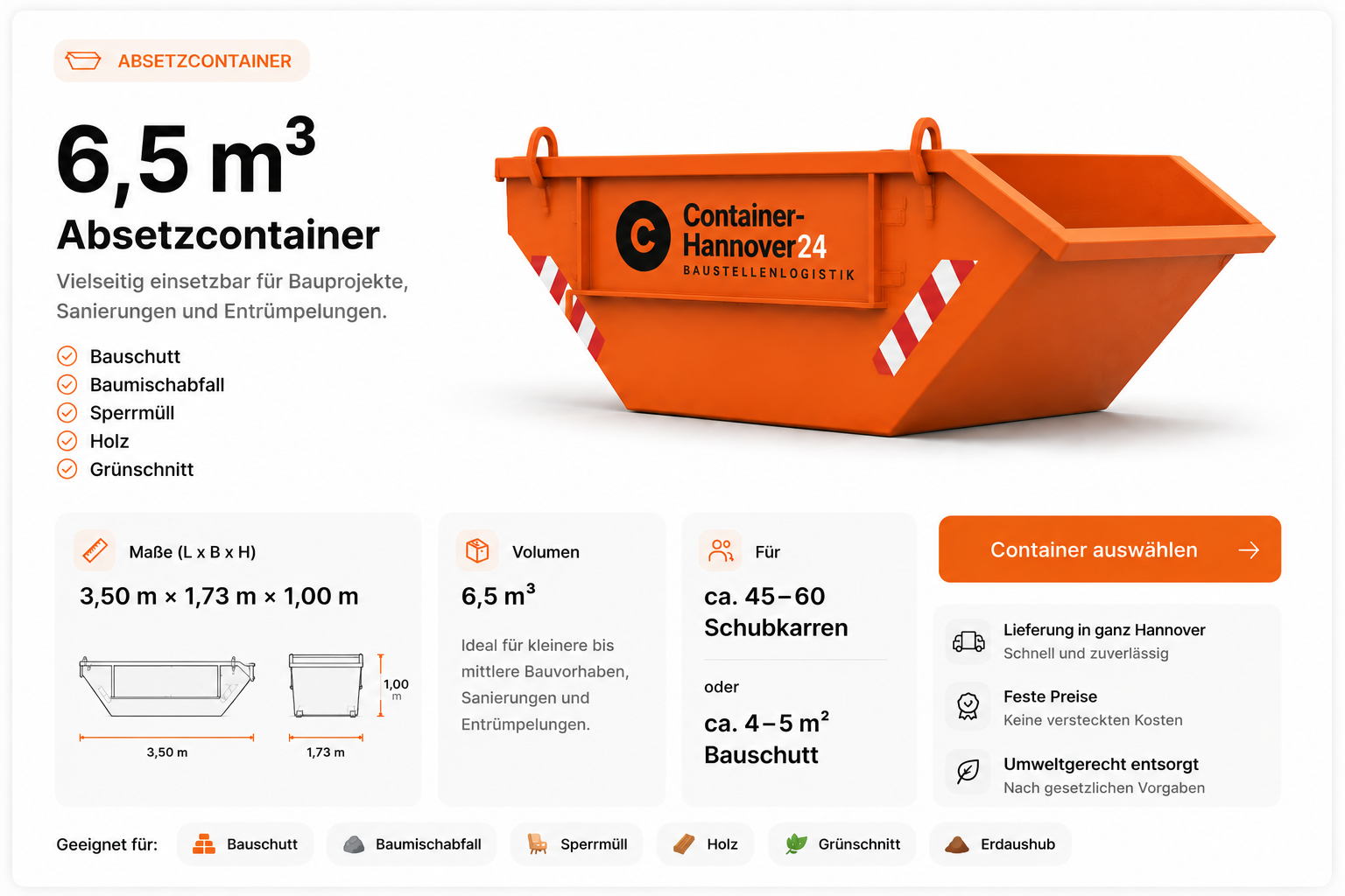 6,5 m³ Absetzcontainer für Mischabfall in Hannover